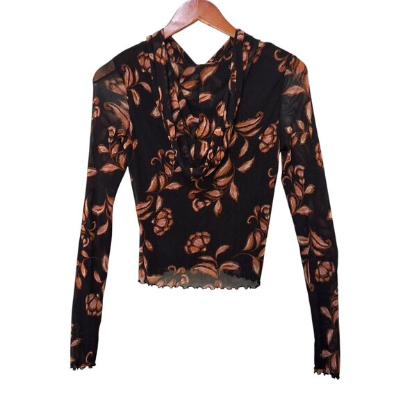 Promessa Black & Brown Floral Sheer Cropped Mesh Hooded Top L - Picture 3 of 7